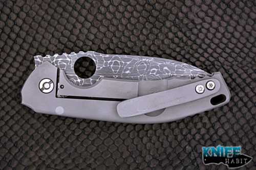 custom peter rassenti alpha knife, lizard damascus blade steel, stonewashed tumbled frame