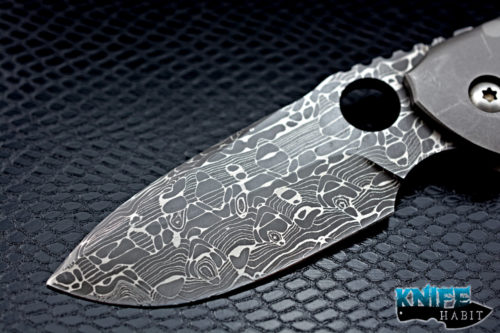 custom peter rassenti alpha knife, lizard damascus blade steel, stonewashed tumbled frame