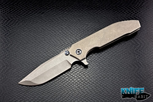 custom peter rassenti snafu integral knife, triple grind 3.5 inch blade, stonewashed titanium frame, blue anodized hardware