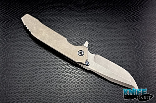 custom peter rassenti snafu integral knife, triple grind 3.5 inch blade, stonewashed titanium frame, blue anodized hardware