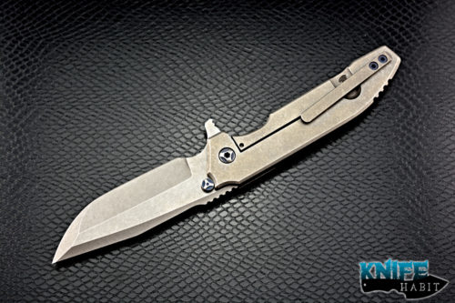 custom peter rassenti snafu integral knife, triple grind 3.5 inch blade, stonewashed titanium frame, blue anodized hardware