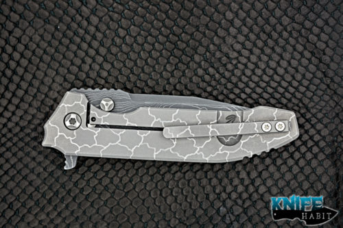 custom peter rassenti snafu knife, milled cracked titanium, damascus blade steel