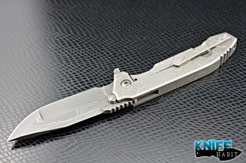 custom peter rassenti snafu knife, milled cracked titanium, damascus blade steel