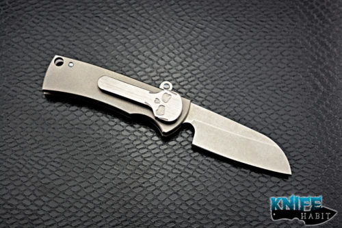 mid-tech ramon chaves american made redencion friction folder knife, s35vn blade steel, skull pocket clip, bead blasted titanium frame