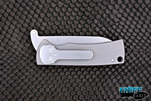 mid-tech ramon chaves american made redencion friction folder knife, s35vn blade steel, skull pocket clip, bead blasted titanium frame