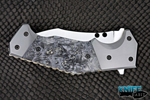 custom randy doucette serpent knife, zirconium bolsters and clip, box elder burl scales, gold anodized liner lock, quadruple grind 20cv blade steel