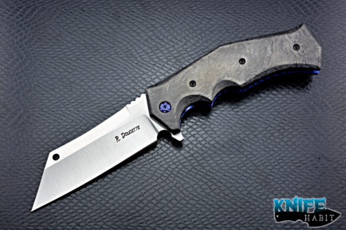 custom randy doucette shogun cleaver knife, fire marbled carbon fiber handle, timascus clip, 20cv satin blade, blue anodized liner lock and hardware