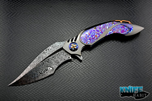 custom ron best phaze knife, timascus inlays, zirconium frame, timascus clip and pivot colors, gold anodized backspacer and hardware, damascus blade