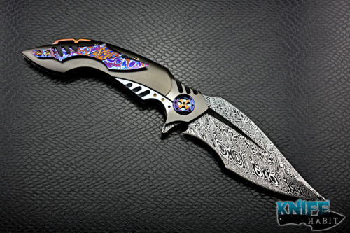 custom ron best phaze knife, timascus inlays, zirconium frame, timascus clip and pivot colors, gold anodized backspacer and hardware, damascus blade