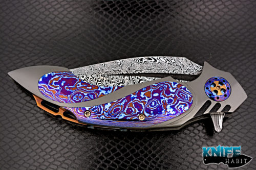 custom ron best phaze knife, timascus inlays, zirconium frame, timascus clip and pivot colors, gold anodized backspacer and hardware, damascus blade