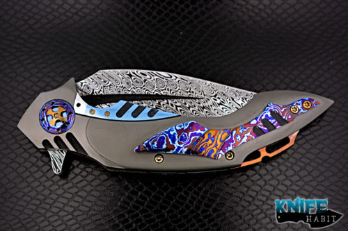 custom ron best phaze knife, timascus inlays, zirconium frame, timascus clip and pivot colors, gold anodized backspacer and hardware, damascus blade