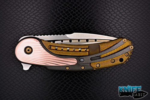 custom todd begg bodega knife, fan pattern copper inlays, cracked ice black and gold, satin fluted bohler n690 blade
