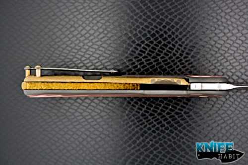 custom todd begg bodega knife, fan pattern copper inlays, cracked ice black and gold, satin fluted bohler n690 blade