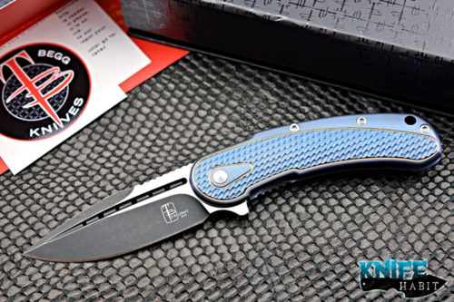 customized todd begg knives mini bodega, blue and gold anodized, dual tone s35vn blade steel, jeweled ice backspacer and clip, ikbs ceramic bearings