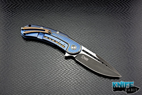 customized todd begg knives mini bodega, blue and gold anodized, dual tone s35vn blade steel, jeweled ice backspacer and clip, ikbs ceramic bearings