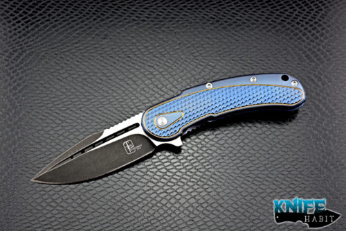 customized todd begg knives mini bodega, blue and gold anodized, dual tone s35vn blade steel, jeweled ice backspacer and clip, ikbs ceramic bearings