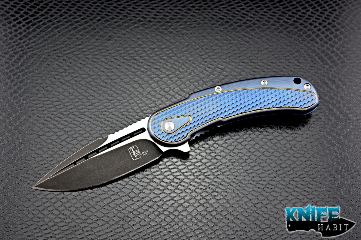 Todd Begg Knives: Steelcraft Series - Bodega - Blue Frame - Blue Diamond  Pattern - Damasteel 101