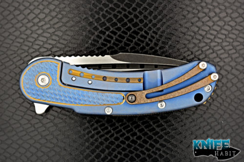 customized todd begg knives mini bodega, blue and gold anodized, dual tone s35vn blade steel, jeweled ice backspacer and clip, ikbs ceramic bearings