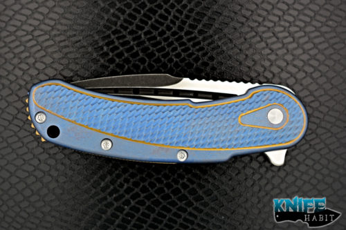 customized todd begg knives mini bodega, blue and gold anodized, dual tone s35vn blade steel, jeweled ice backspacer and clip, ikbs ceramic bearings