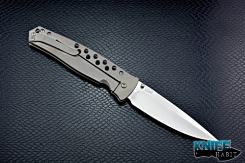 custom tom mayo dr death jr knife, 154v blade steel with satin finish, bead blasted titanium frame