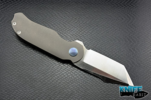 custom adam collins sligo knife, tumbled stonewashed titanium frame, mokuti hardware, satin blade