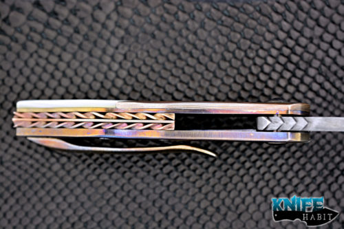 custom ali bastian griffin prototype knife, white pearl, timascus inlay, 24 carat gold hardware, mosaic damascus wharncliffe blade