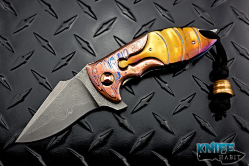 custom alistair bastian praymantis knife, san mai damascus blade, colorful anodizing