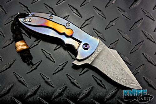 custom alistair bastian praymantis knife, san mai damascus blade, colorful anodizing