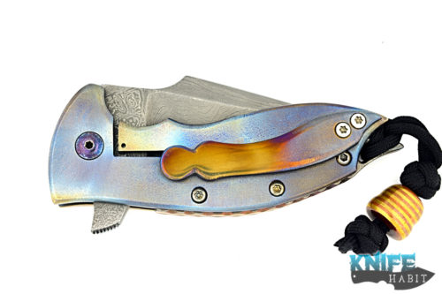 custom alistair bastian praymantis knife, san mai damascus blade, colorful anodizing