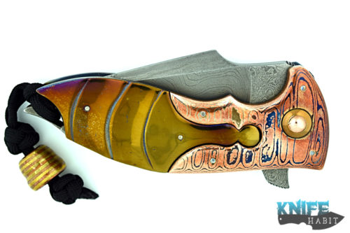 custom alistair bastian praymantis knife, san mai damascus blade, colorful anodizing