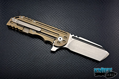 custom alphahunter tactical design color series warhorse, gold anodized milled titanium frame, satin 3v blade steel