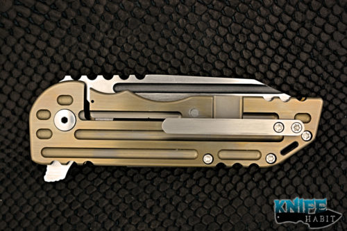 custom alphahunter tactical design color series warhorse, gold anodized milled titanium frame, satin 3v blade steel