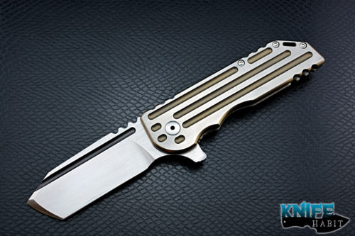 custom alphahunter tactical design color series warhorse gold #2, gold anodized milling and edges with satin flats, unstamped, satin 3v blade steel