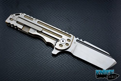 custom alphahunter tactical design color series warhorse gold #2, gold anodized milling and edges with satin flats, unstamped, satin 3v blade steel