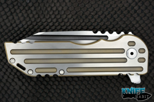 custom alphahunter tactical design color series warhorse gold #2, gold anodized milling and edges with satin flats, unstamped, satin 3v blade steel