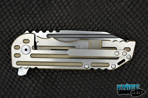 custom alphahunter tactical design color series warhorse gold #2, gold anodized milling and edges with satin flats, unstamped, satin 3v blade steel