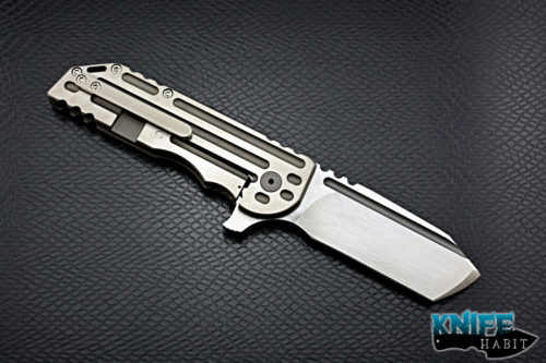 custom alphahunter tactical design white knight warhorse flipper knife, satin 3v blade steel, titanium handle with satin flats and stonewashed edges and milling