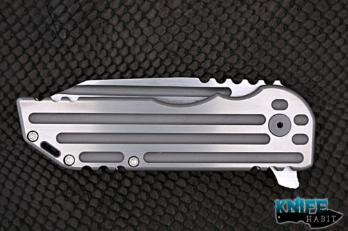 custom alphahunter tactical design white knight warhorse flipper knife, satin 3v blade steel, titanium handle with satin flats and stonewashed edges and milling