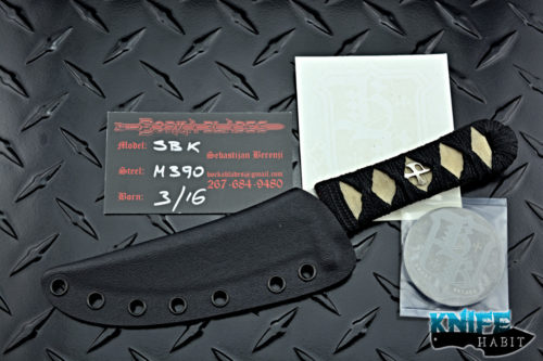 custom borka blades sbk menuki custom knife, m390 blade steel, sculpting, japanese style, black paracord