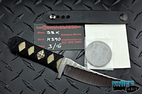 custom borka blades sbk menuki custom knife, m390 blade steel, sculpting, japanese style, black paracord