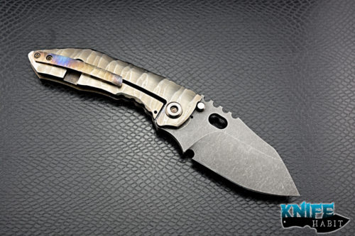 custom dalibor bergam draco integral knife, acid washed 3v blade steel, sculpted titanium handle, flame anodized clip