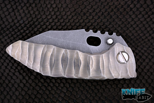 custom dalibor bergam draco integral knife, acid washed 3v blade steel, sculpted titanium handle, flame anodized clip