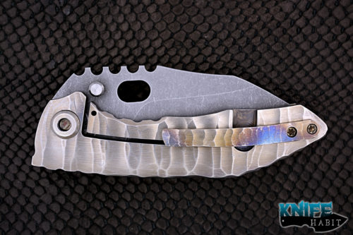 custom dalibor bergam draco integral knife, acid washed 3v blade steel, sculpted titanium handle, flame anodized clip