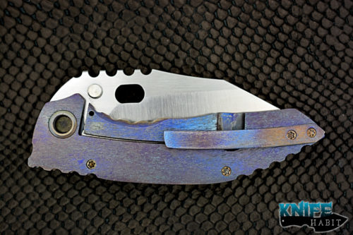 custom dalibor bergam draco knife, colorful anodized tree bark texture titanium frame, satin 3v blade steel