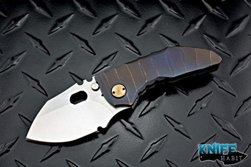 custom dalibor bergam mini draco integral knife, deep sculpting anodized titanium, satin 3v blade steel