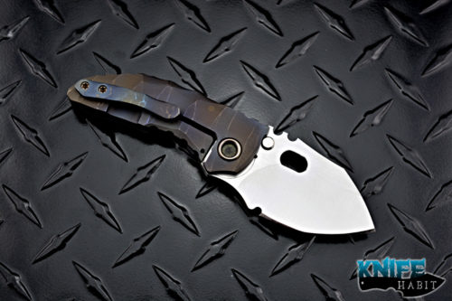 custom dalibor bergam mini draco integral knife, deep sculpting anodized titanium, satin 3v blade steel