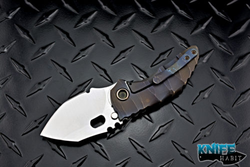 custom dalibor bergam mini draco integral knife, deep sculpting anodized titanium, satin 3v blade steel