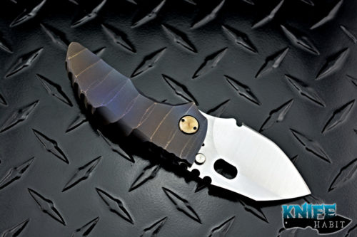 custom dalibor bergam mini draco integral knife, deep sculpting anodized titanium, satin 3v blade steel