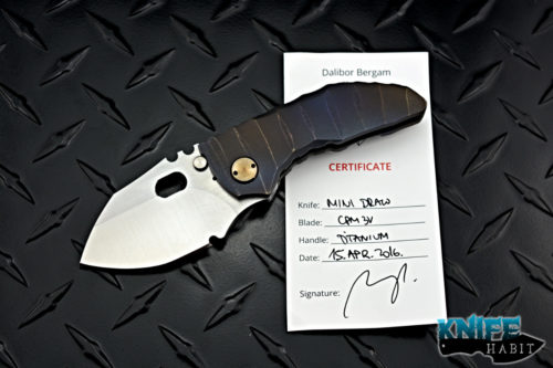 custom dalibor bergam mini draco integral knife, deep sculpting anodized titanium, satin 3v blade steel