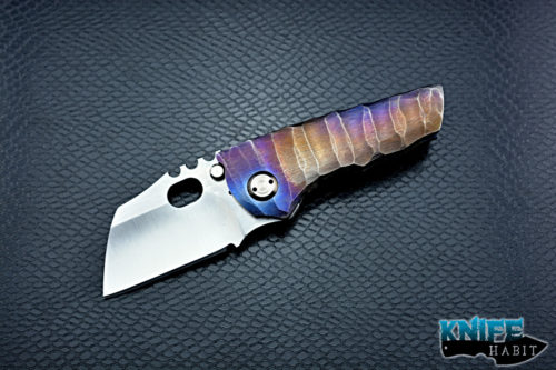 custom dalibor bergam knives pollux integral knife, purple and blue anodized and sculpted titanium frame, satin 3v blade steel